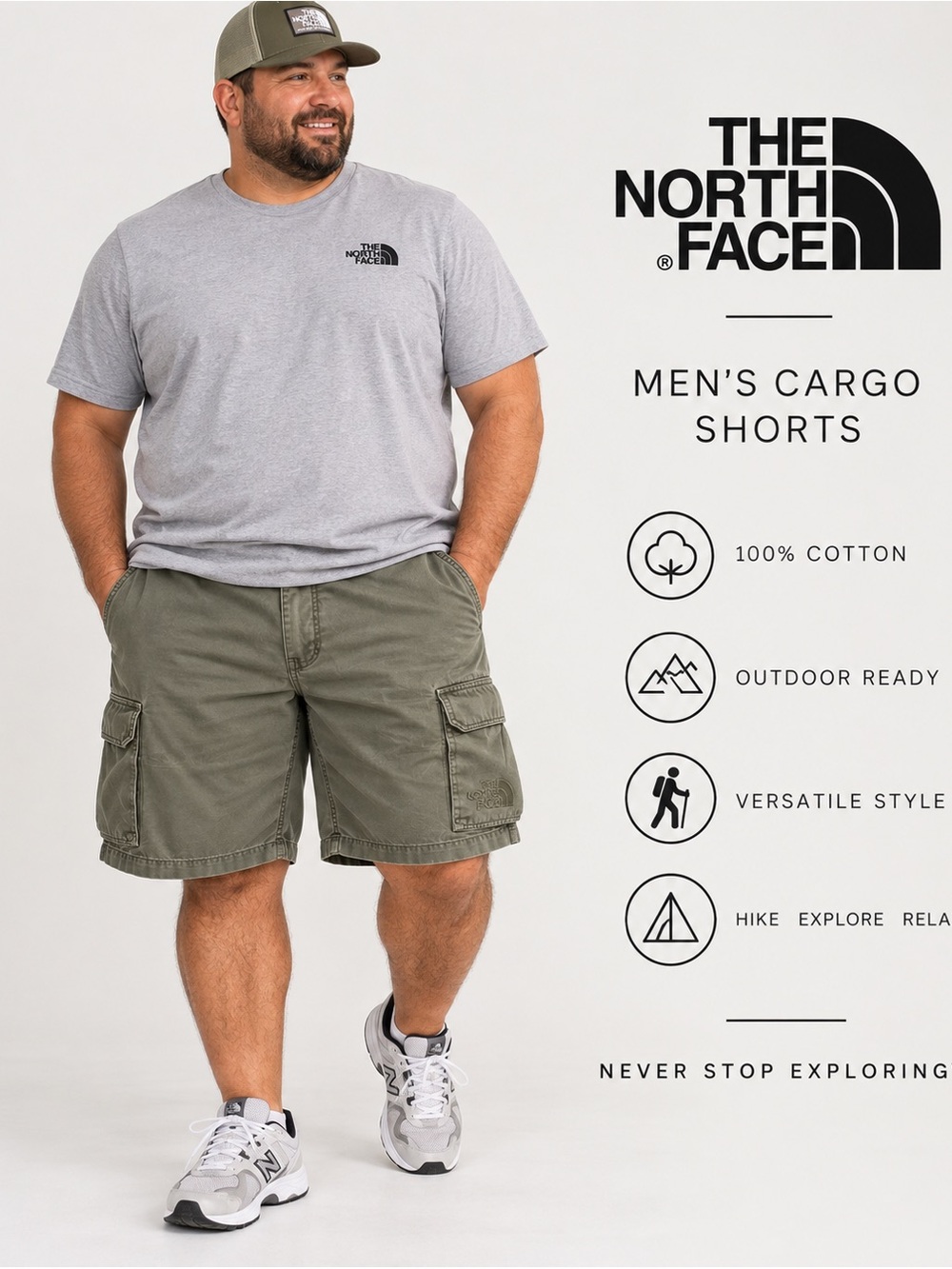 The North Face Men’s XL Olive Green 100% Cotton Cargo Shorts Hiking Outdoor